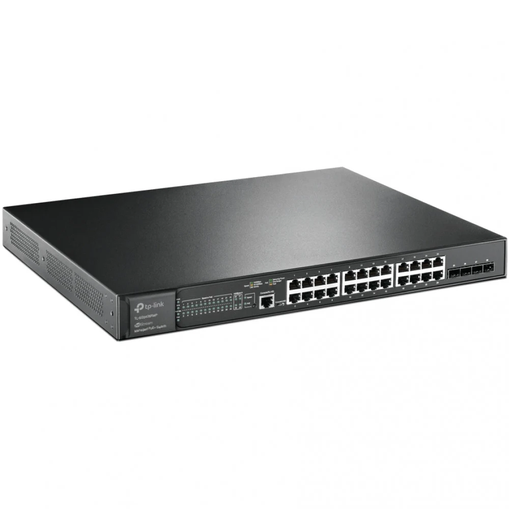 Коммутатор PoE+ управляемый GbE 24-портовый Tp-Link SG3428XMP &lt JetStream™ 24 порта GbE 802.3af/at (max 30W на порт), 4 слота SFP+ 10 Гбит/с, коммутационная матрица 128Gbps, консольный порт управл