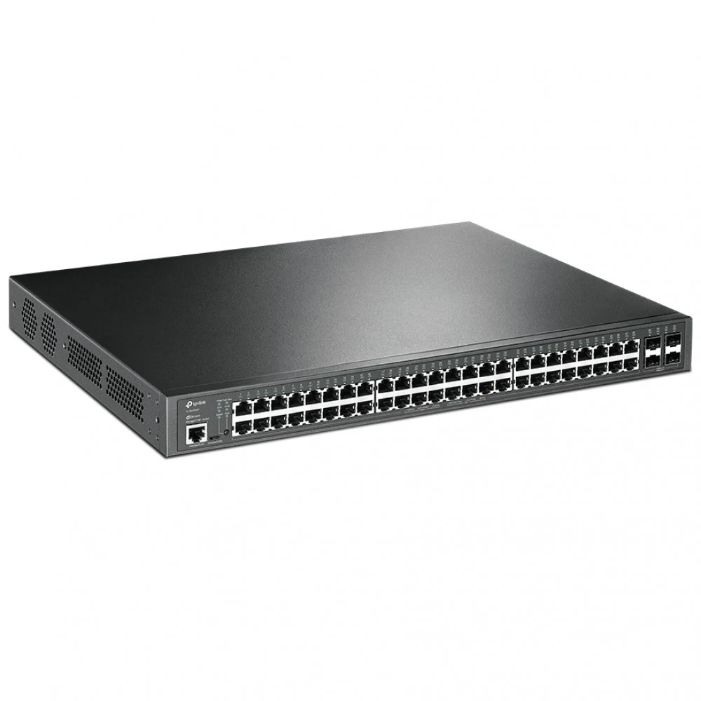 TP-Link JetStream™ 52-портовый гигабитный управляемый коммутатор уровня 2+ с 48 портами PoE+ ПОРТЫ: 48 гигабитных портов PoE+, 4 гигабитных SFP-слота, консольный порт RJ45/Micro-USB ХАРАКТЕРИСТИКИ: