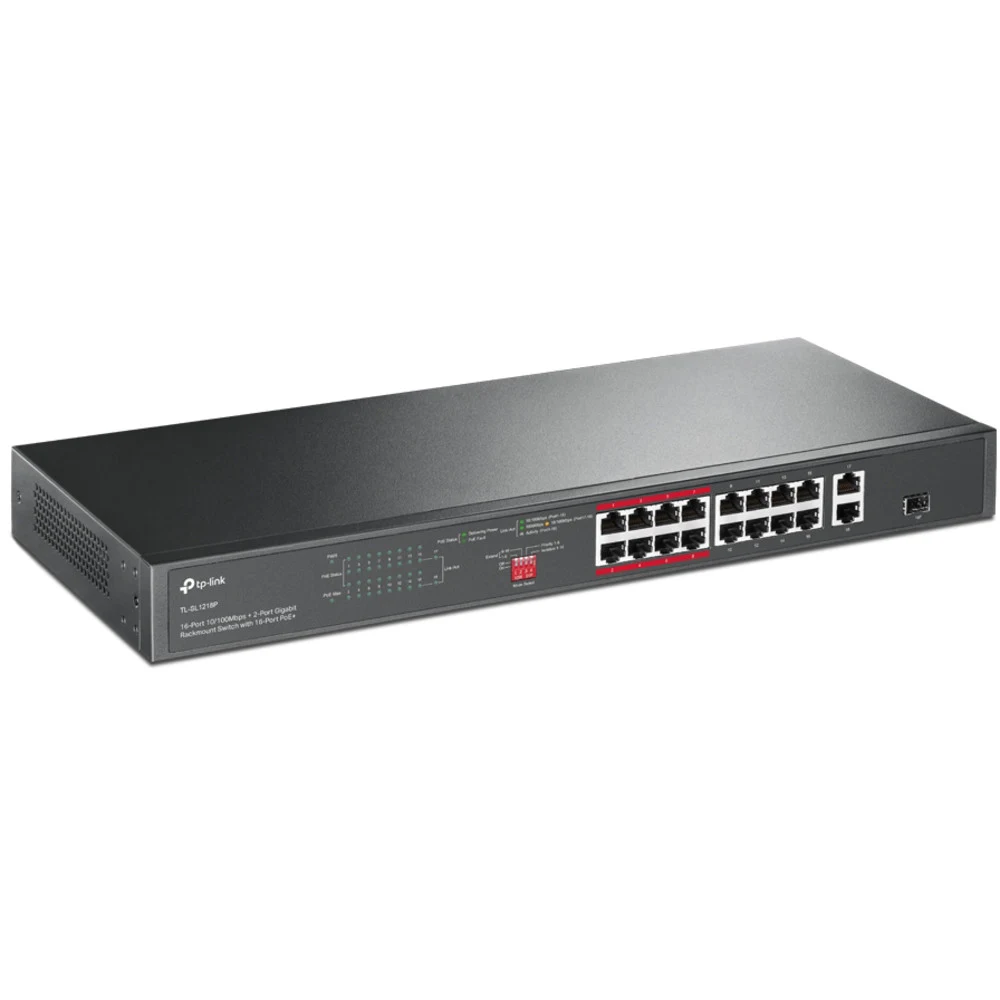 16-портовый 10/100 Мбит PoE+ коммутатор, 16 портов RJ45 10/100 Мбит/с + 1 независимый гигабитный RJ45 порт + 1 гигабитный комбинированный RJ45/SFP-слот, поддержка 802.3at/af, до 150 Ватт питание по