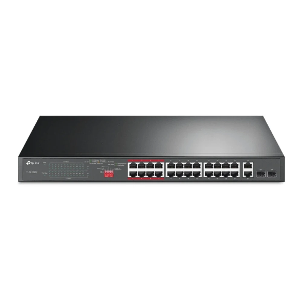 Коммутатор TP-LINK TL-SL1226P 24-портовый 10/100 Мбит/с неуправляемый коммутатор PoE+ с 2 комбо Uplink-портами RJ-45/SFP, металлический корпус, установка в стойку, 24 порта PoE+ стандарта 802.3af/at