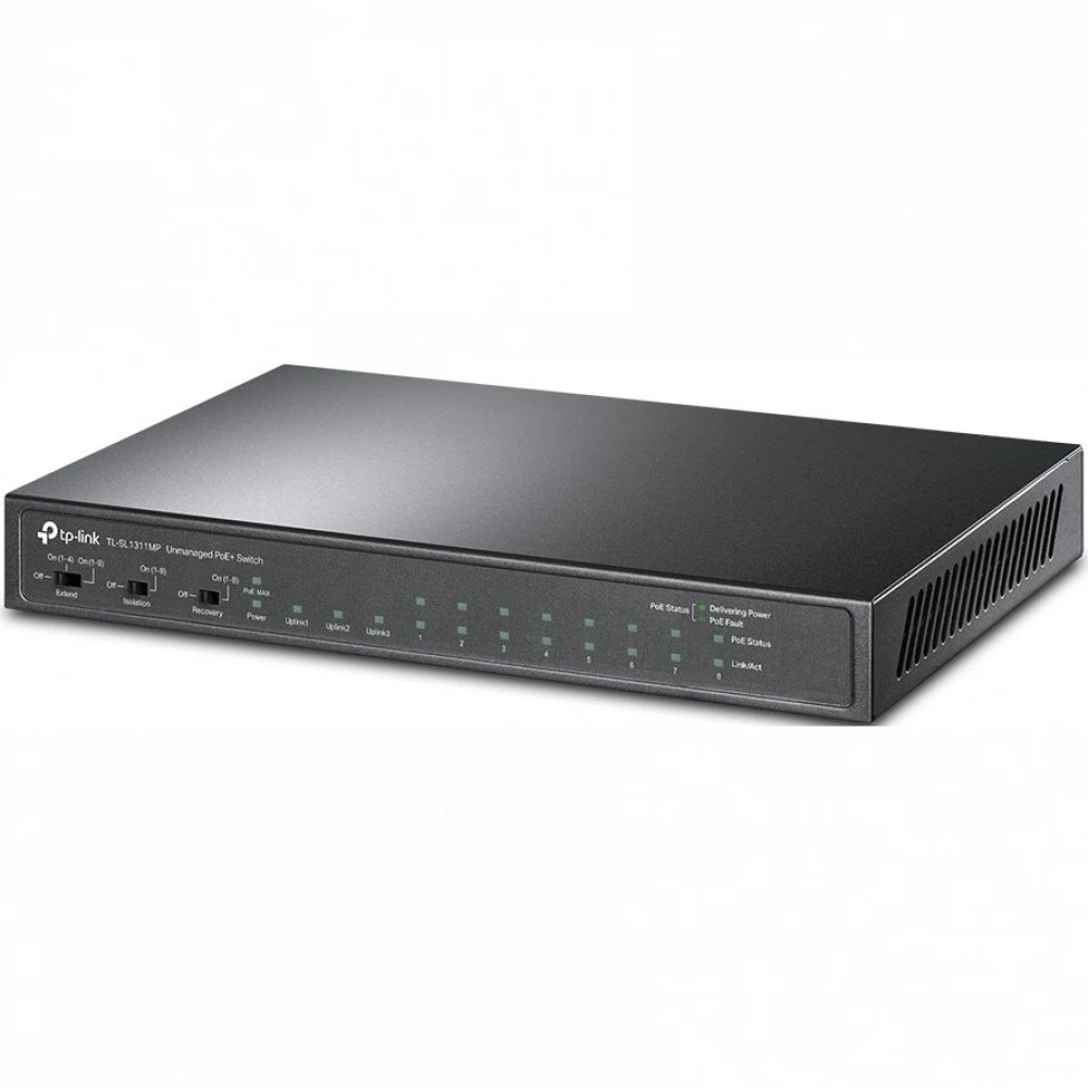 Коммутатор PoE+ 8-портовый Tp-Link TL-SL1311MP &lt 8 портов RJ45 10/100Mbps PoE+ 802.3af/at, 2 GbE RJ45, 1 GbE SFP-порт, бюджет мощности PoE 124 Вт, режим Extend (до 250 м передачи данных и питания