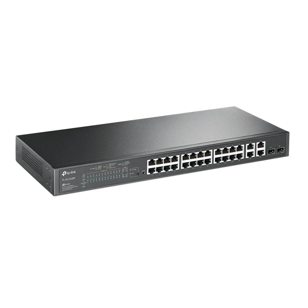 Коммутатор TP-LINK TL-SL2428P JetStream Smart коммутатор уровня 2 с 24 портами 10/100 Мбит/с, 4 гигабитными портами и 24 портами PoE+, бюджет PoE: до 250 Вт, поддержка управления питанием PoE, множе