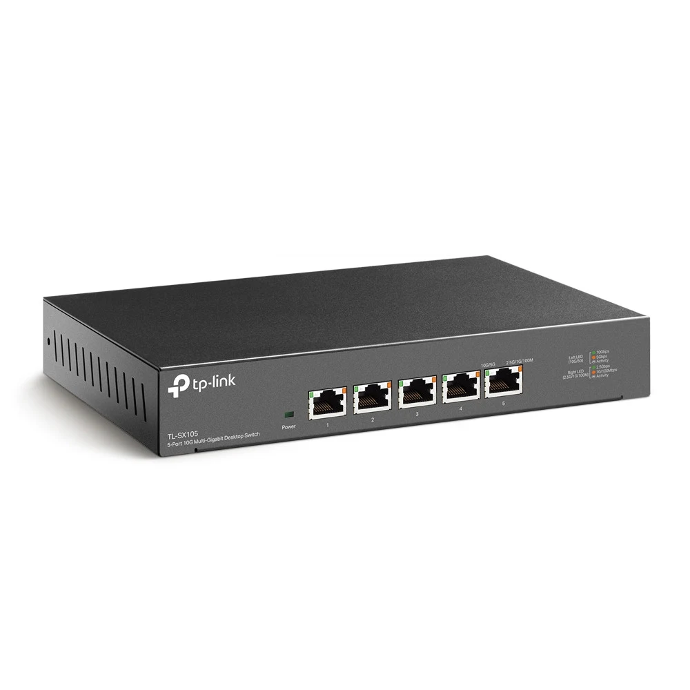 Коммутатор TP-LINK TL-SX105 5-портовый настольный неуправляемый коммутатор 10 Гбит/с, 5 портов RJ-45 100 Мбит/с / 1 Гбит/с / 2,5 Гбит/с / 5 Гбит/с / 10 Гбит/с, без вентиляторов, 12 В / 2 А постоянно
