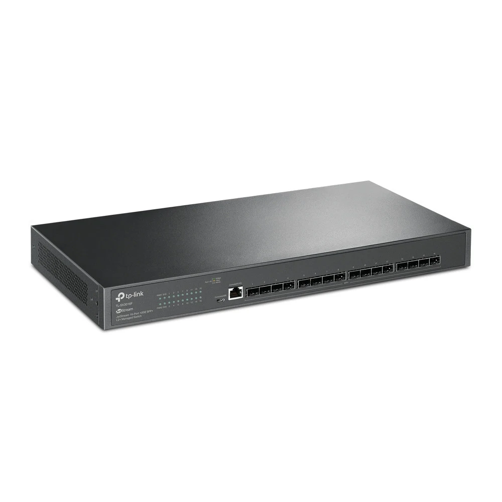 TP-Link JetStream™ управляемый коммутатор уровня 2+ на 16 портов SFP+ 10GE ПОРТЫ: 16 слотов SFP+ 10G, консольный порт RJ45/Micro-USB ХАРАКТЕРИСТИКИ: стальной корпус высотой 1U с возможностью монтажа