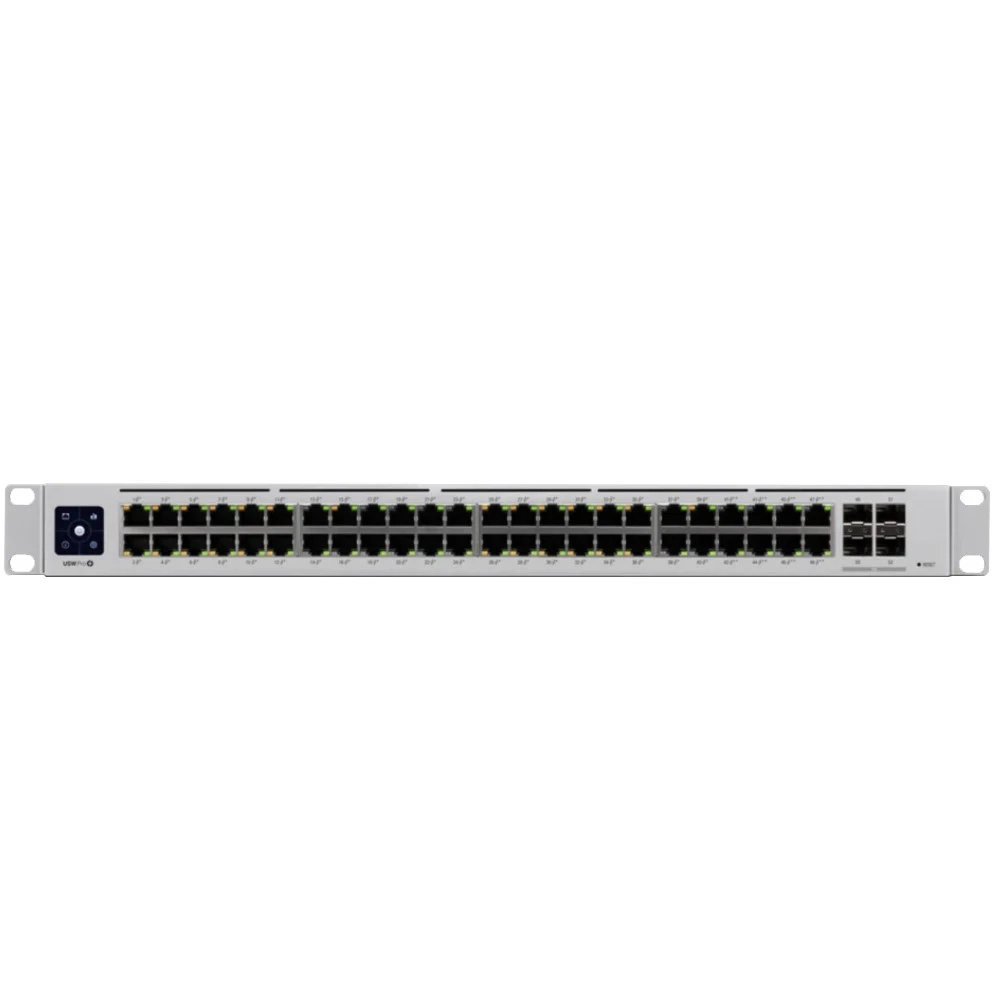 Ubiquiti USW-PRO-48-POE 48 port gigabit L3 PoE++ switch, 40 x GbE PoE+ Ports, 8 x GbE PoE++ ports, 4 x 10G SFP+ ports, 600W total PoE availability, Layer 3 switching, Near-silent cooling, LCM displa
