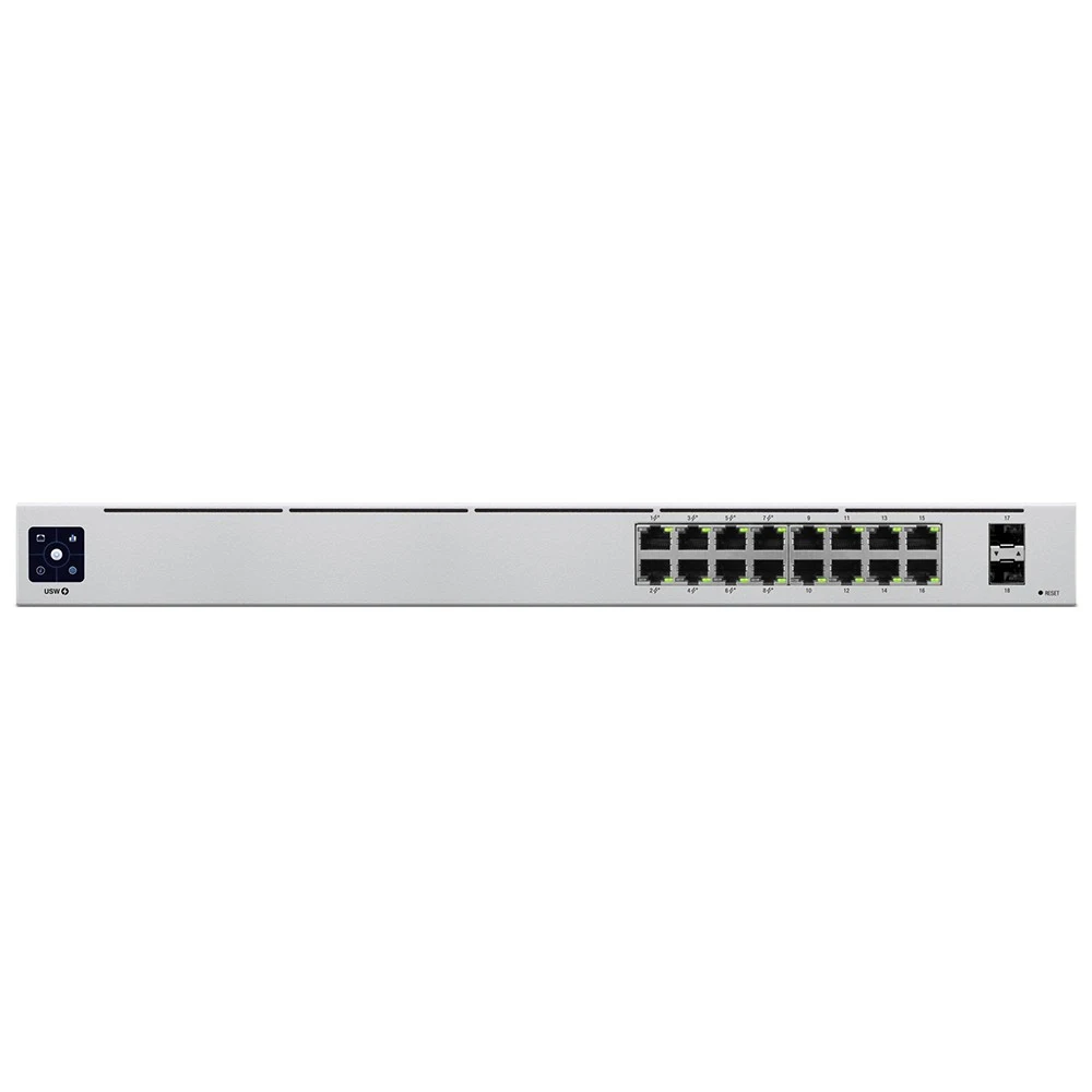 Ubiquiti USW-16-PoE 16-port Layer 2 PoE switch, 8 x GbE PoE+, 8 x GbE ports, 2 x 1G SFP ports, 42W total PoE Power, fanless, silent cooling, ESD/EMP protection, 1.3" touchscreen LCM display, Rackmou