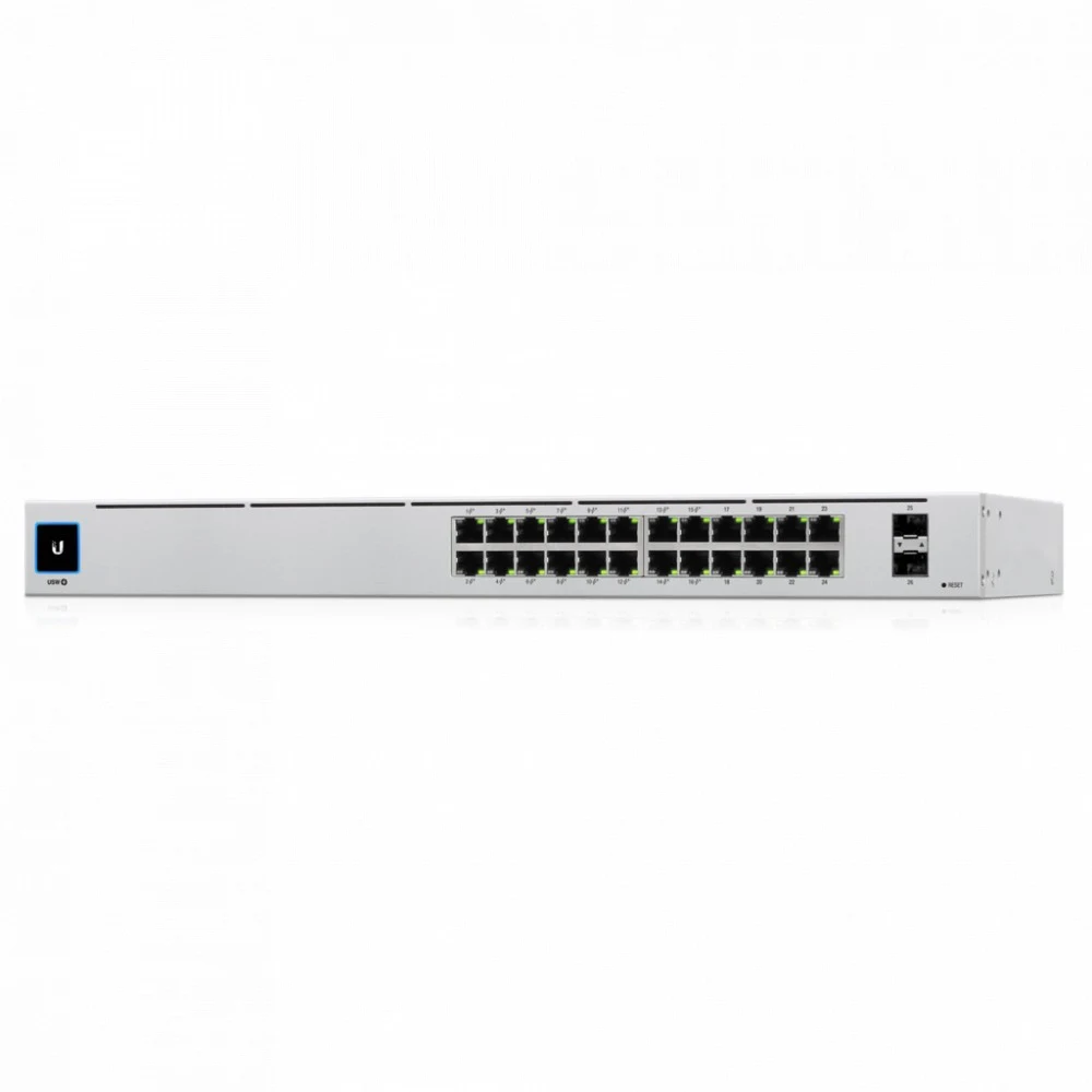 UBIQUITI Standard 24 PoE (16) GbE PoE+, (8) GbE ports (2) 1G SFP ports 95W total PoE availability Fanless, silent cooling.