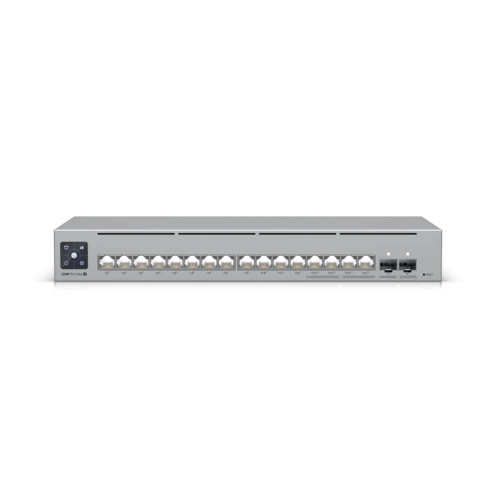 Коммутатор, Ubiquiti, USW-Pro-Max-16-PoE, Unifi Switch, Управляемый L3, 2xSFP+, 16 портов 10/100/1000 Mbps RJ45 PoE, 802.3af/at/bt, бюджет 180W, Стоечный