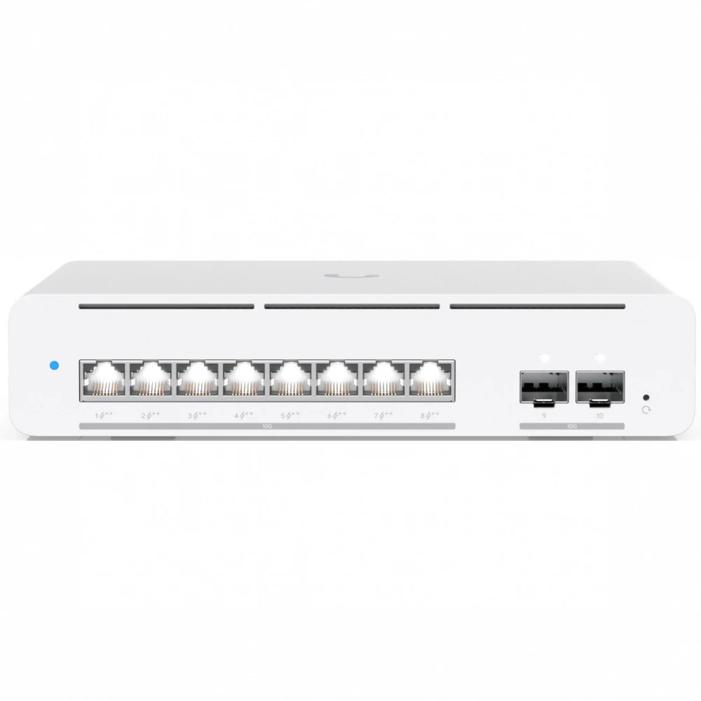 Коммутатор, Ubiquiti, USW-Pro-XG-8-PoE, Unifi Switch, Управляемый L3, 2x SFP+, 8 порта 10/100/1/2,5/5/10G RJ45 PoE++, 802.3af/at/bt, бюджет 155W, Настольный/настенный
