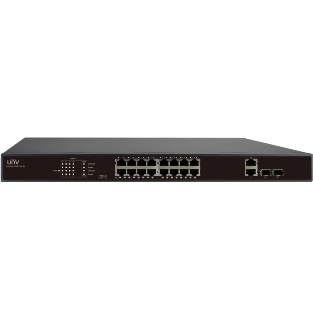 Uniview Коммутатор 16*100Mbps PoE ports (RJ45)+2*1000Mbps Combo ports IEEE802.3,IEEE802.3u,IEEE802.3z,IEEE802.3ab,IEEE802.3x,IEEE802.3af,IEEE802.3at,IEEE802.3az 7.2Gbps 5.36Mpps 4M bit 16K 440mm x 2
