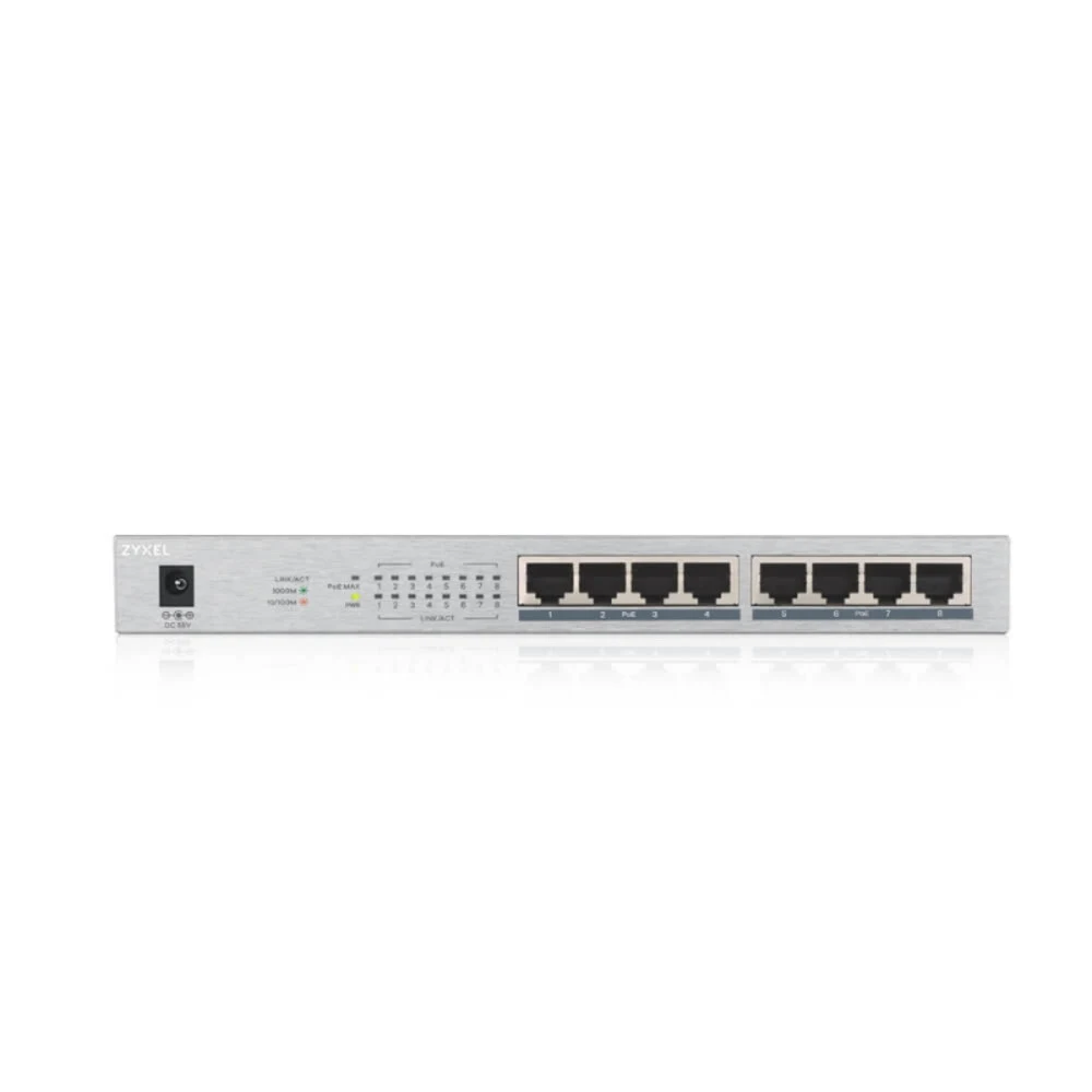 ZYXEL GS1008HP-EU0101F PoE+ коммутатор GS1008HP, 8xGE PoE+, настольный, металлический, бесшумный, бюджет PoE 60 Вт