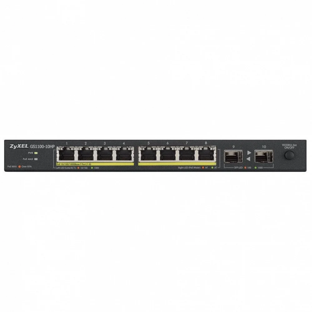 Коммутатор PoE+ Zyxel GS1100-10HP, 8xGE PoE+, 2xSFP, настольный, бесшумный, бюджет PoE 130 Вт, Kensigton lock