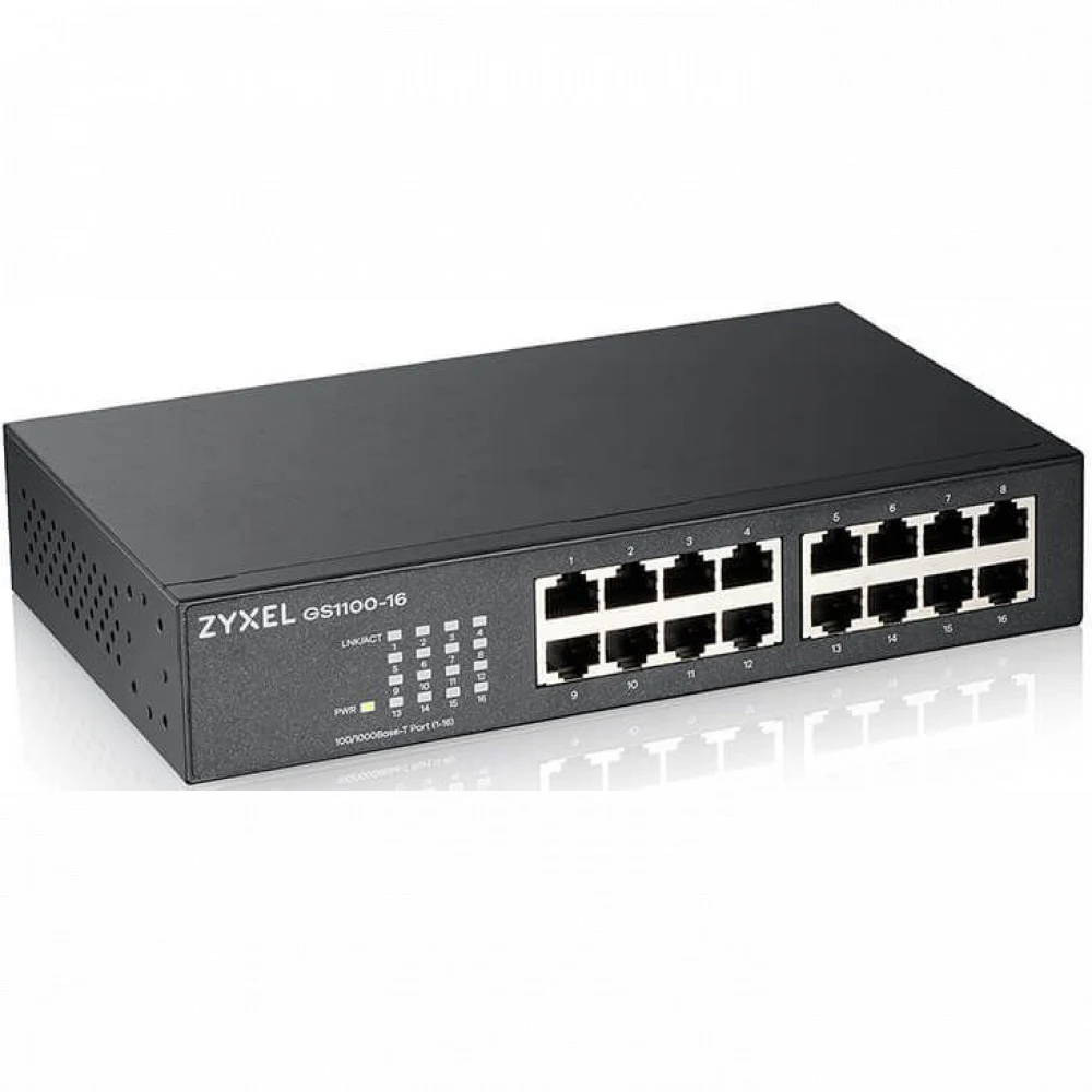 Switch 16 port 10/100/1000M Zyxel GS1100-16-EU0103F , Auto MDI/MDI-X, desktop\19rack, ext. PS