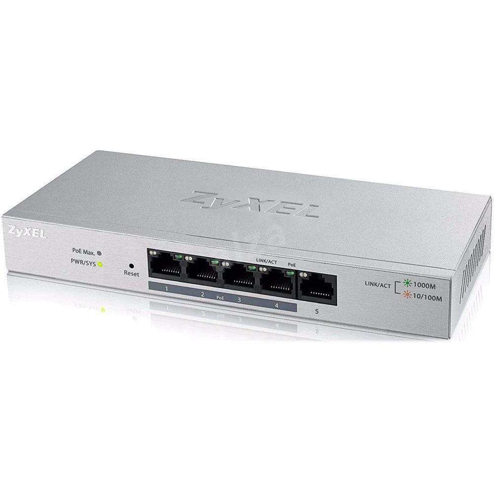 ZYXEL GS1200-5HPV2-EU0101F Smart PoE+ коммутатор GS1200-5HP v2, 5xGE (4xPoE+), настольный, бесшумный, с поддержкой VLAN, IGMP, QoS и Link Aggregation, бюджет PoE 60 Вт