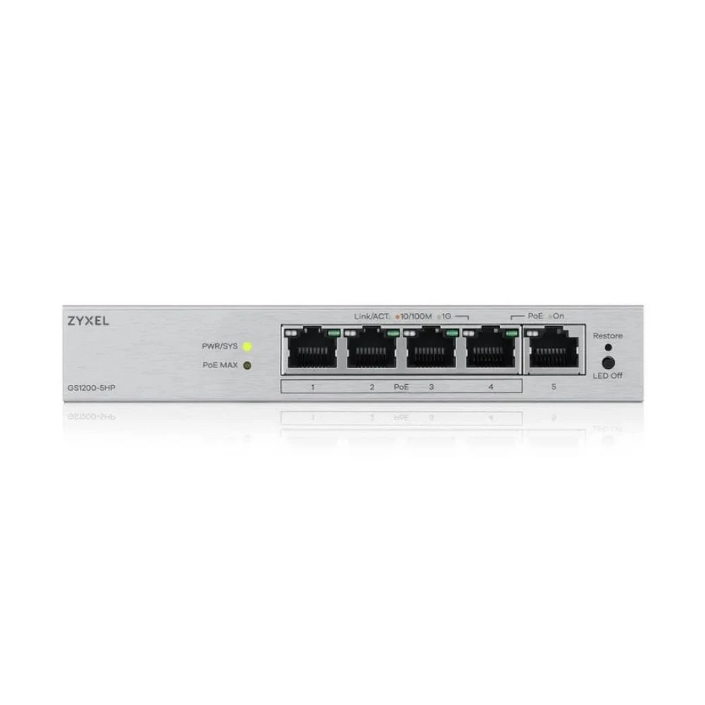 Коммутатор/ ZYXEL Web-managed Gigabit PoE Switch Zyxel GS1200-5HPv3, 5xRJ-45: 1G (4xPoE+), 68W PoE budget, desktop, fanless