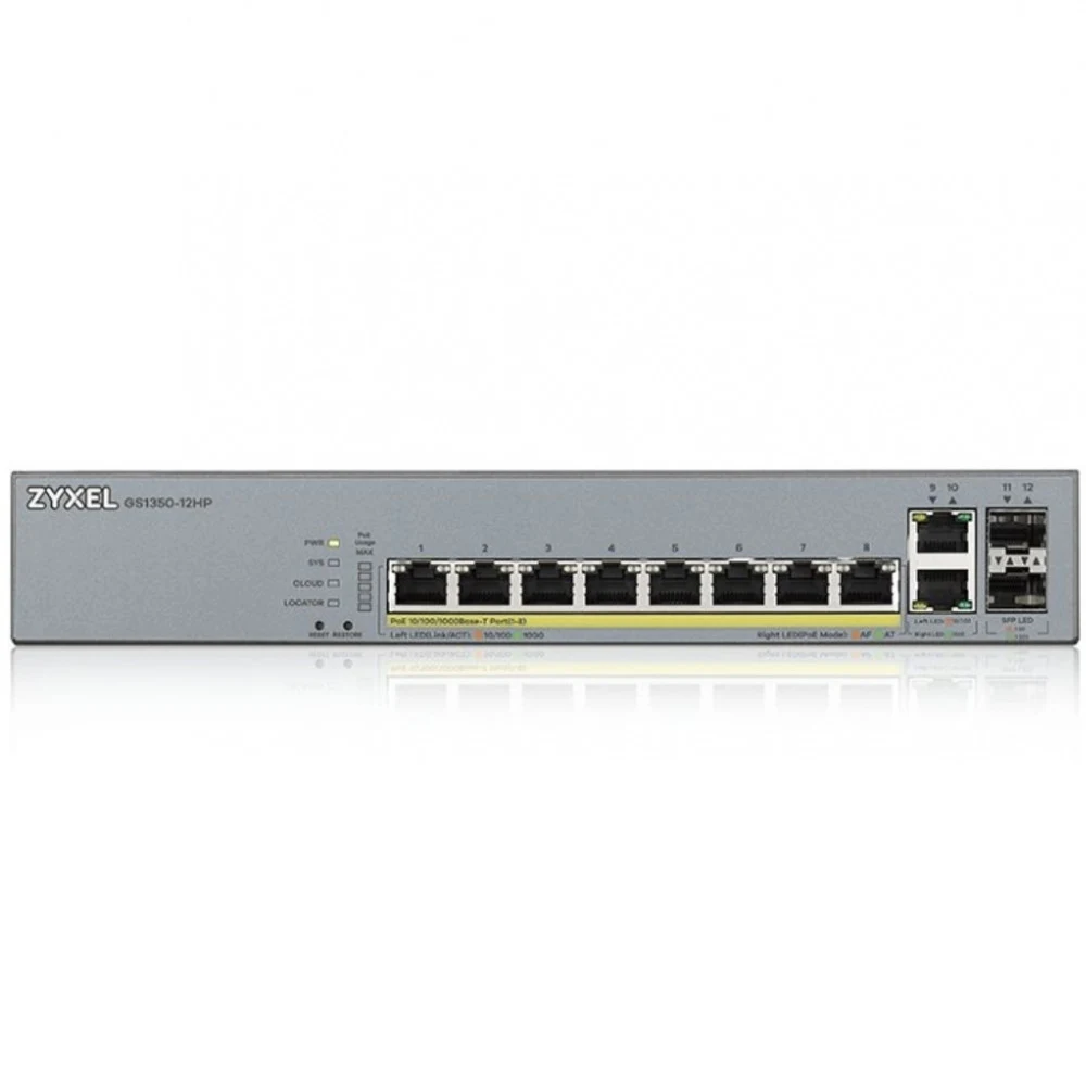 Коммутатор/ ZYXEL GS1350-12HP L2 PoE + switch for IP cameras, 10xGE (8xPoE +), 2xSFP, PoE budget 130 W, power transmission distance up to 250 m, auto-reloading of PoE ports, increased overvoltage an