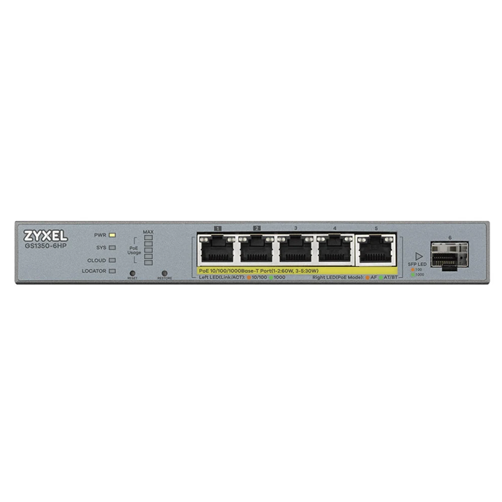 Коммутатор/ ZYXEL GS1350-6HP L2 PoE + switch for ZYXEL GS1350-6HP IP cameras, 4xGE PoE +, 1xGE PoE++ (802.3bt), 1xSFP, PoE budget 60 W, power transmission distance up to 250 m, auto-reloading of PoE