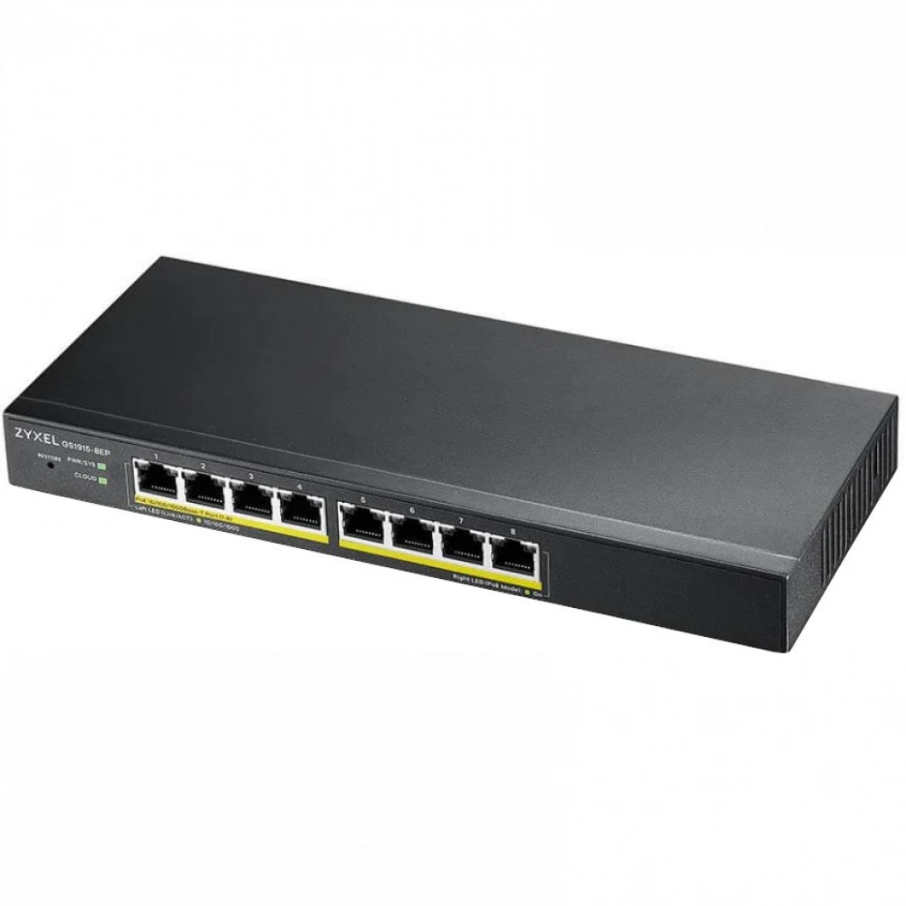 Гибридный Smart L2 коммутатор PoE+ Zyxel NebulaFlex GS1915-8EP, 8xGE PoE+, бесшумный (без вентилятора), бюджет PoE 60 Вт, автономное/облачное управление