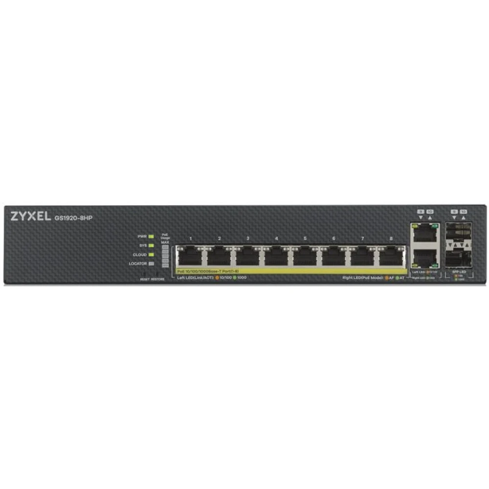 ZYXEL GS1920-8HPV2-EU0101F Гибридный Smart PoE+ коммутатор NebulaFlex GS1920-8HPv2, 8xGE PoE+, 2xCombo (SFP/RJ-45), бесшумный, бюджет PoE 130 Вт, автономное/облачное управление