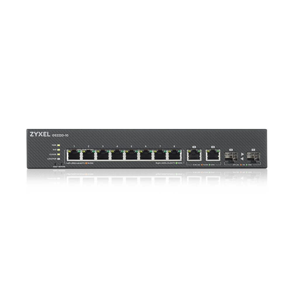Коммутатор/ ZYXEL NebulaFlex Pro GS2220-10 Hybrid L2 Switch, rack 19 ", 8xGE, 2xCombo (SFP / RJ-45), silent, standalone / cloud management