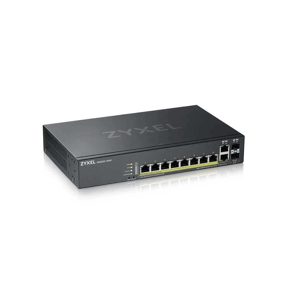 Коммутатор/ ZYXEL NebulaFlex Pro GS2220-10HP Hybrid L2 PoE+ Switch, 19 "rack, 8xGE PoE+, 2xCombo (SFP / RJ-45), 180W PoE Budget, Standalone / Cloud Management