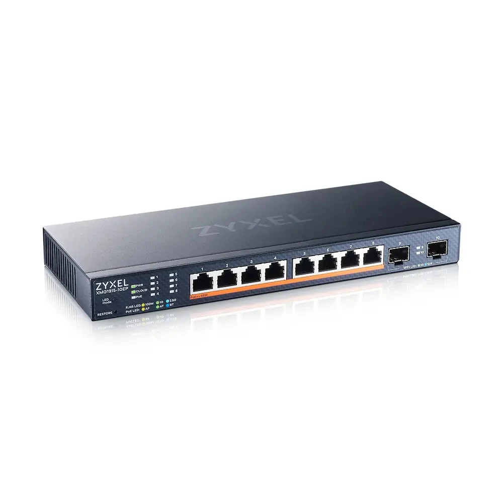 коммутатор Мультигигабитный Smart L3 Lite коммутатор Zyxel NebulaFlex XMG1915-10EP, 8xRJ-45: 1/2.5G PoE++, 2xSFP+, бесшумный (без вентилятора), бюджет PoE 130 Вт