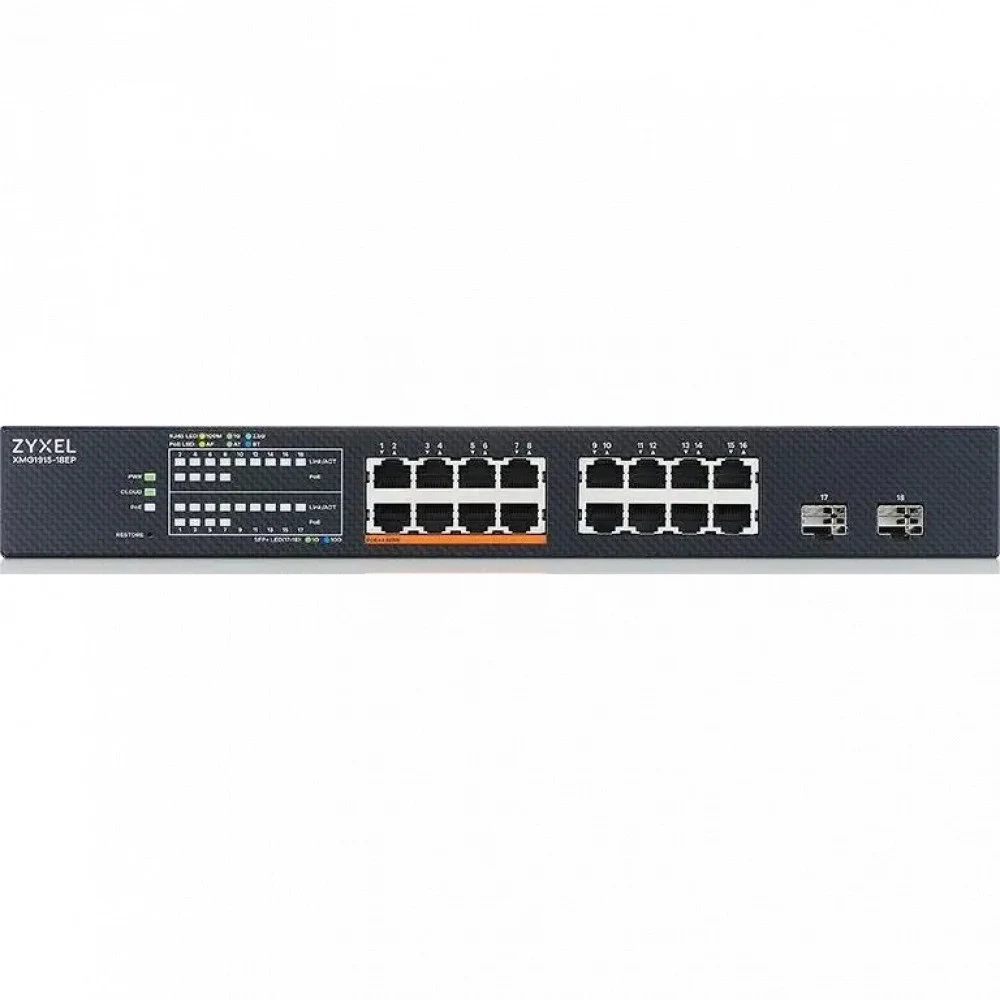 Коммутатор/ Multigigabit Smart L3 Lite switch Zyxel NebulaFlex XMG1915-18EP, rack 19", 16xRJ-45: 1/2.5G (8 of them PoE++), 2xSFP+, PoE budget 180 W