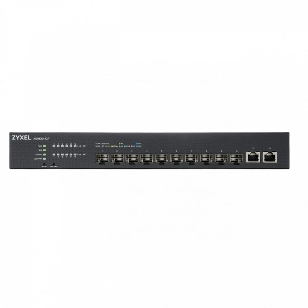 Гибридный мультигигабитный Smart L2+ коммутатор Zyxel NebulaFlex XS1930-12F, rack 19", 10xSFP+, 2xRJ-45: 1/2,5/5/10G, автономное/облачное управление