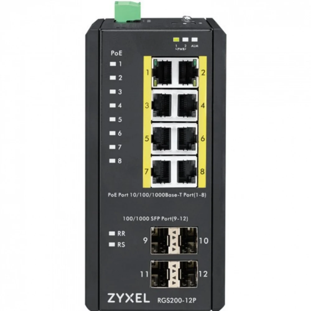 Коммутатор Промышленный L2 PoE+ коммутатор Zyxel RGS200-12P, 8xGE PoE+, 4xSFP, крепление на стену/DIN-рейку, IP30, два источника питания DC, бюджет PoE 240 Вт
