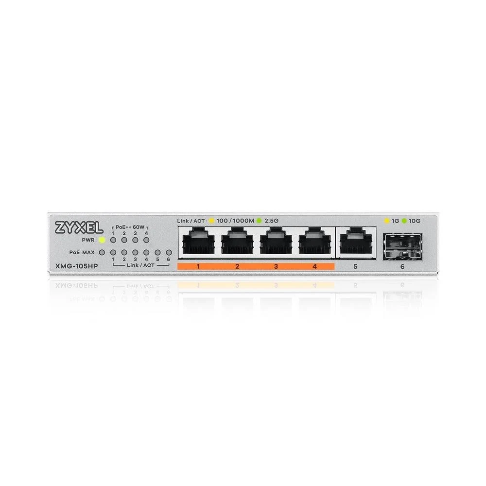 Коммутатор/ Мультигигабитный PoE++ коммутатор Zyxel XMG-105HP, 5xRJ-45: 1/2.5G (4 из них PoE++), 1xSFP+, настольный, бесшумный, бюджет PoE 70 Вт