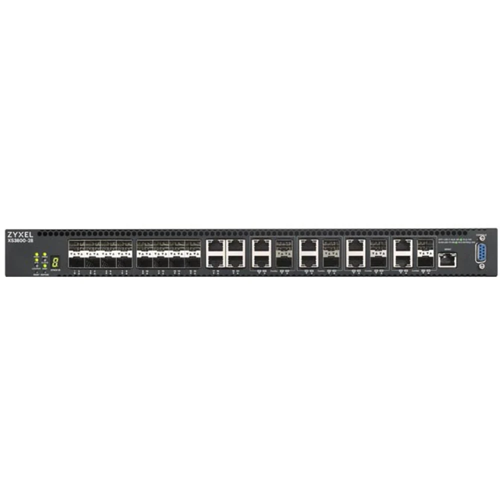 Коммутатор Мультигигабитный L3 Core Zyxel NebulaFlex Pro XS3800-28, rack 19", 4xRJ-45: 1/2,5/5/10G, 8xCombo (SFP: 1/10G, RJ-45: 1/2,5/5/10G), 16xSFP+, стекируемый (до 4), 2 блока питания в комплекте