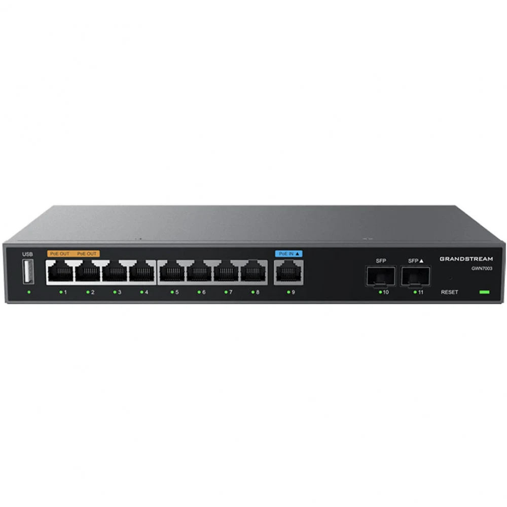 Маршрутизатор, Grandstream, GWN7003, 2x SFP, 9x GbE WAN/LAN, 1x PoE-In, 2x PoE-Out, VPN (530 Мбит/с), DPI, SDN, USB , встроенный локальный мастер GWN