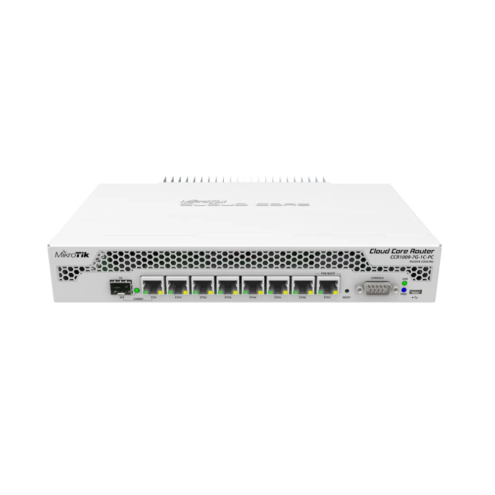MikroTik Cloud Core Router 1009-7G-1C-PC with Tilera Tile-Gx9 CPU (9-cores, 1Ghz per core), 1GB RAM, 7xGbit LAN, 1x Combo port (1xGbit LAN or SFP), RouterOS L6, passive cooling desktop enclosure, ra