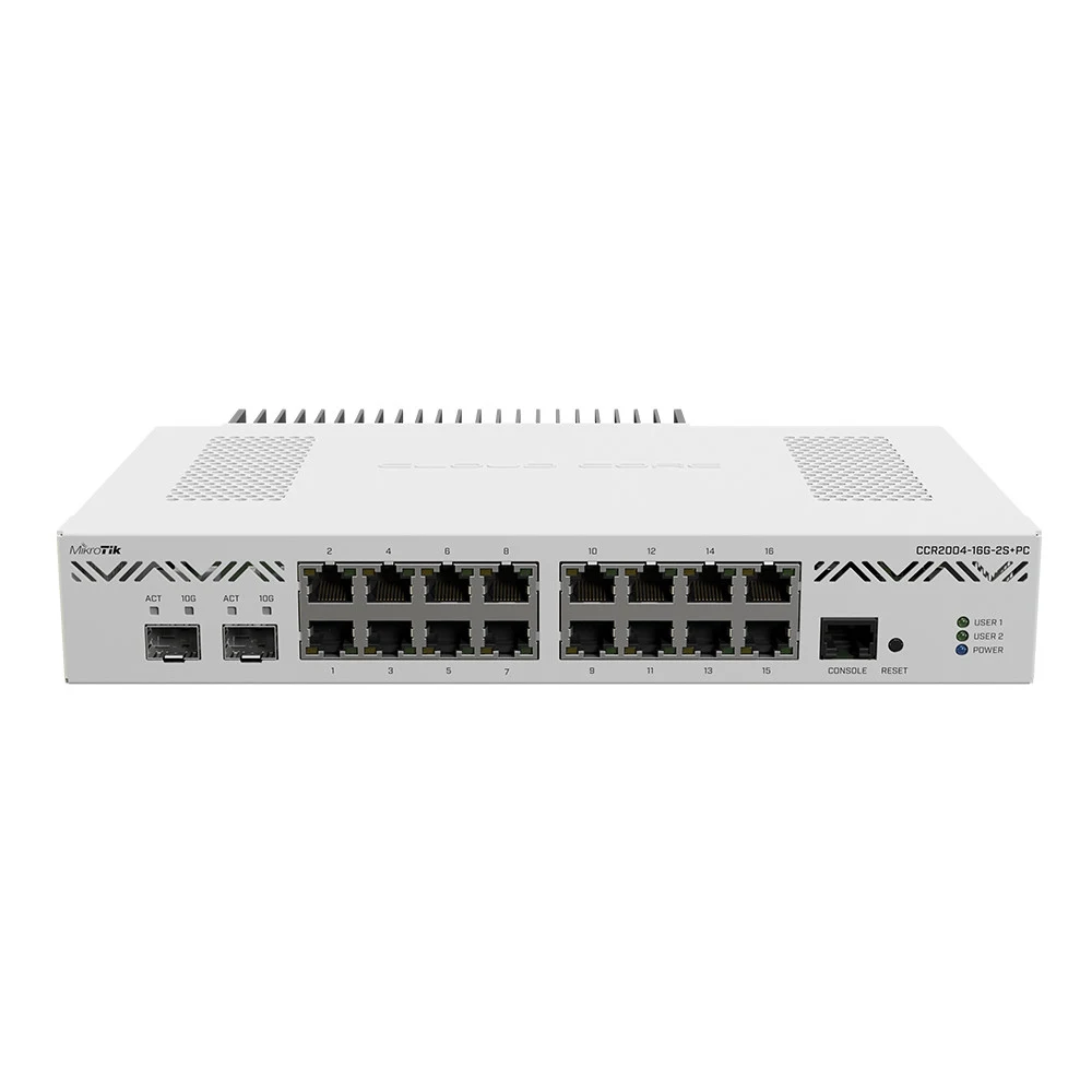 Маршрутизатор, MikroTik, CCR2004-16G-2S+PC, Cloud Core Router, 16 портов 10/100/1000M, 2 порта SFP+, RouterOS (6), -20°C to 60°C, стоечный 1U
