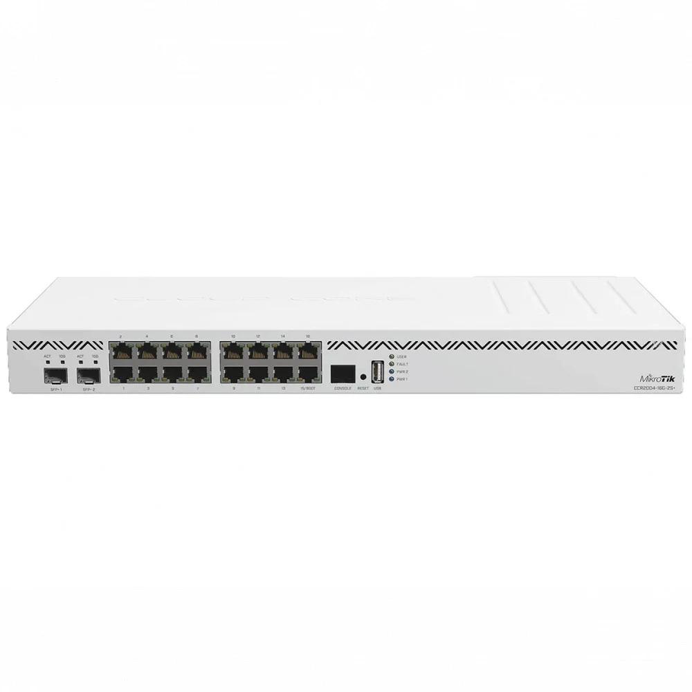Маршрутизатор MIKROTIK CCR2004-16G-2S+ Cloud Core Router 2004-16G-2S+ with Annapurna Labs Alpine v2 CPU with 4x ARMv8-A Cortex-A57 cores running at 1.7GHz, 4GB of DDR4 RAM, 128MB NAND storage, 16 x