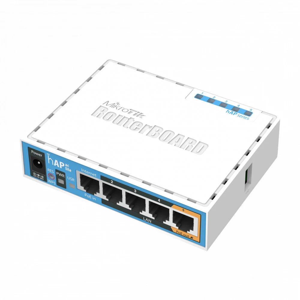 Точка доступа wi-fi MikroTik hAP ac lite with 650MHz CPU, 64MB RAM, 5xLAN, built-in 2.4Ghz 802.11b/g/n two chain wireless with integrated antennas, built-in 5Ghz 802.11ac single chain wireless with