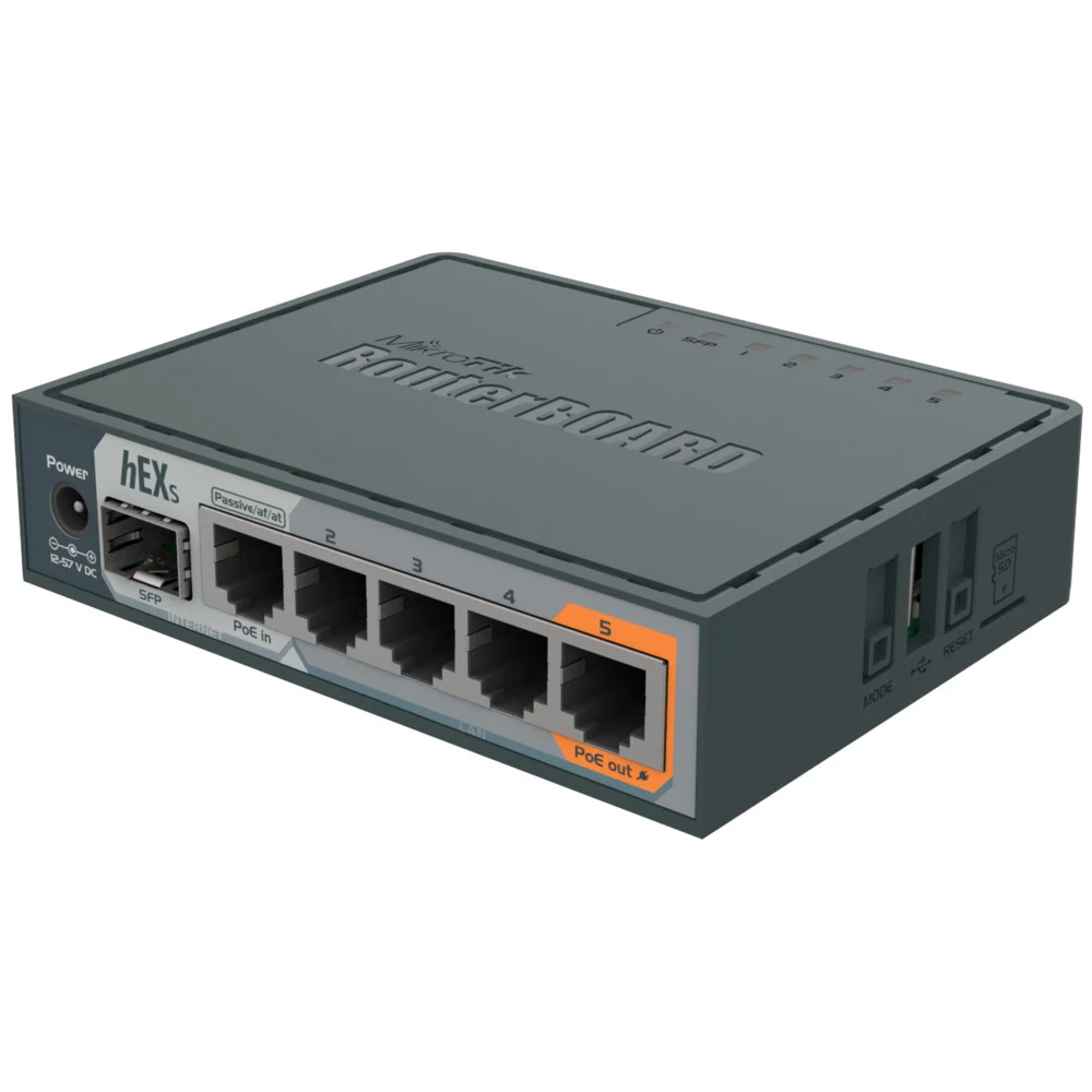 Маршрутизатор MIKROTIK RB760iGS hEX S hEX S with Dual Core 880MHz MHz CPU, 256MB RAM, 5 Gigabit LAN ports, SFP, USB, PoE-out on port #5, RouterOS L4, plastic case, PSU {20} (002785)