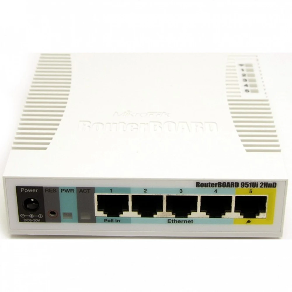 Беспроводной маршрутизатор, MikroTik, RB951series RB951Ui-2HnD, RouterBOARD, 5xLAN, 2 PoE-IN Passive PoE, Ether5 PoE-out Passive PoE, 802.11b/g/n, N300, 2.4 GHz, RouterOS, desktop case, -20°C to 60°