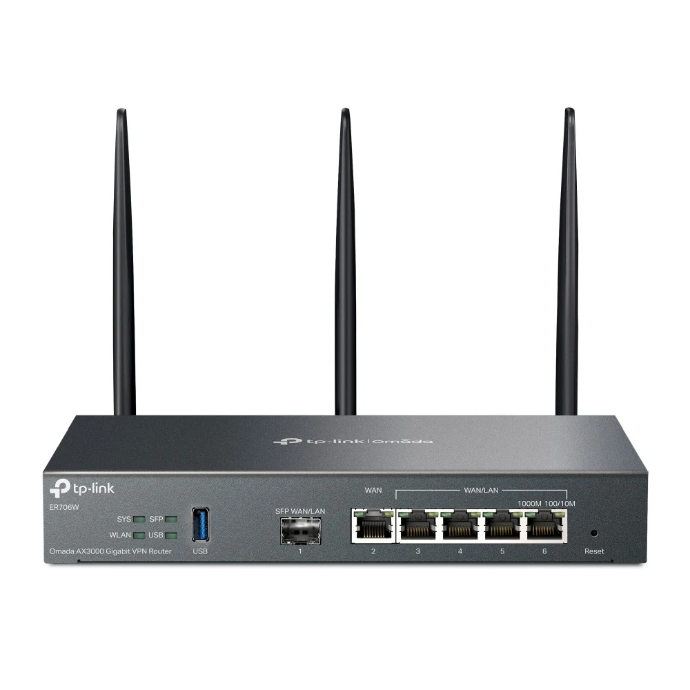 Маршрутизатор Multi-WAN GbE VPN AX3000 Tp-Link ER706W &lt 5 GbE портов (1 фиксированный GbE SFP-порт WAN, 1 фиксированный GbE порт WAN RJ45, 2 фиксированных GbE порта LAN RJ45, 2 переключаемых GbE п