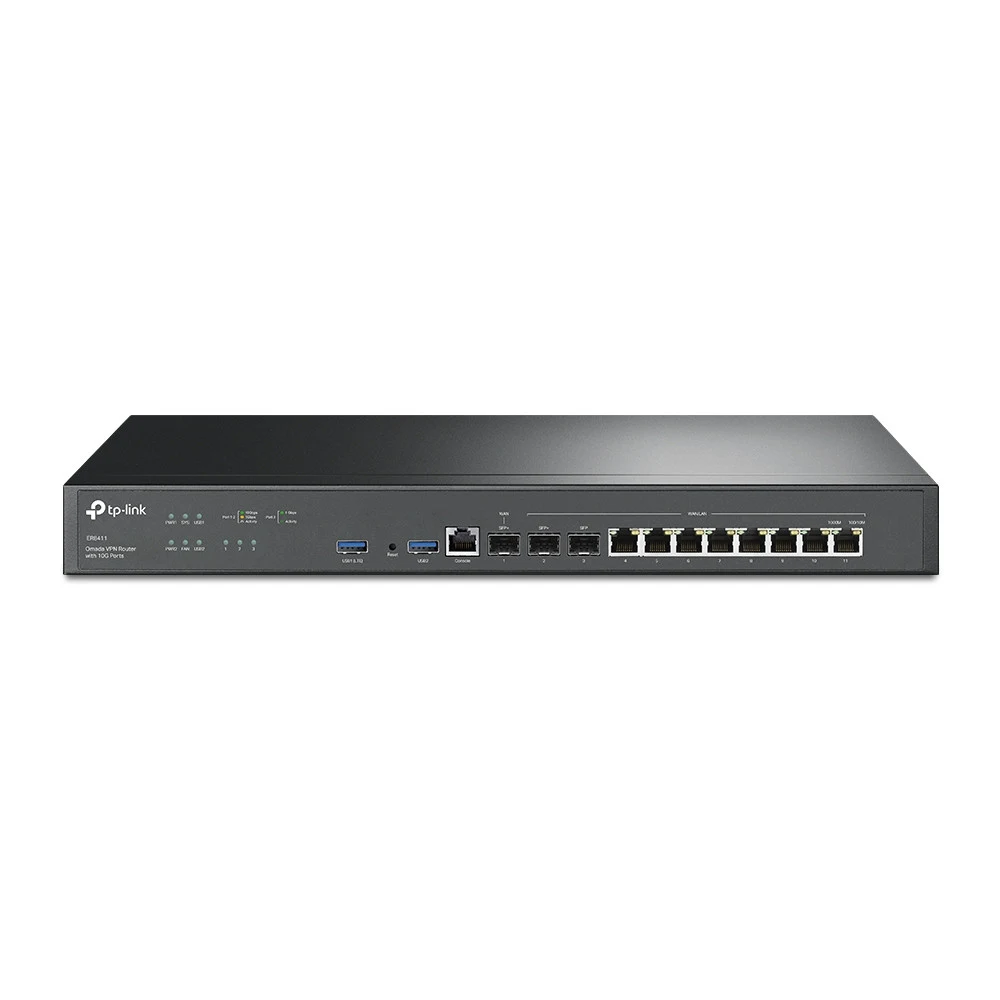 Маршрутизатор VPN, TP-Link, ER8411, SafeStream Гигабитный VPN-маршрутизатор с 2 портами SFP+ 10 Гбит/с, 1 гигабитный SFP-порт WAN/LAN, 8 гигабитных портов RJ45 WAN/LAN, 1 консольный порт RJ45, 2 USB