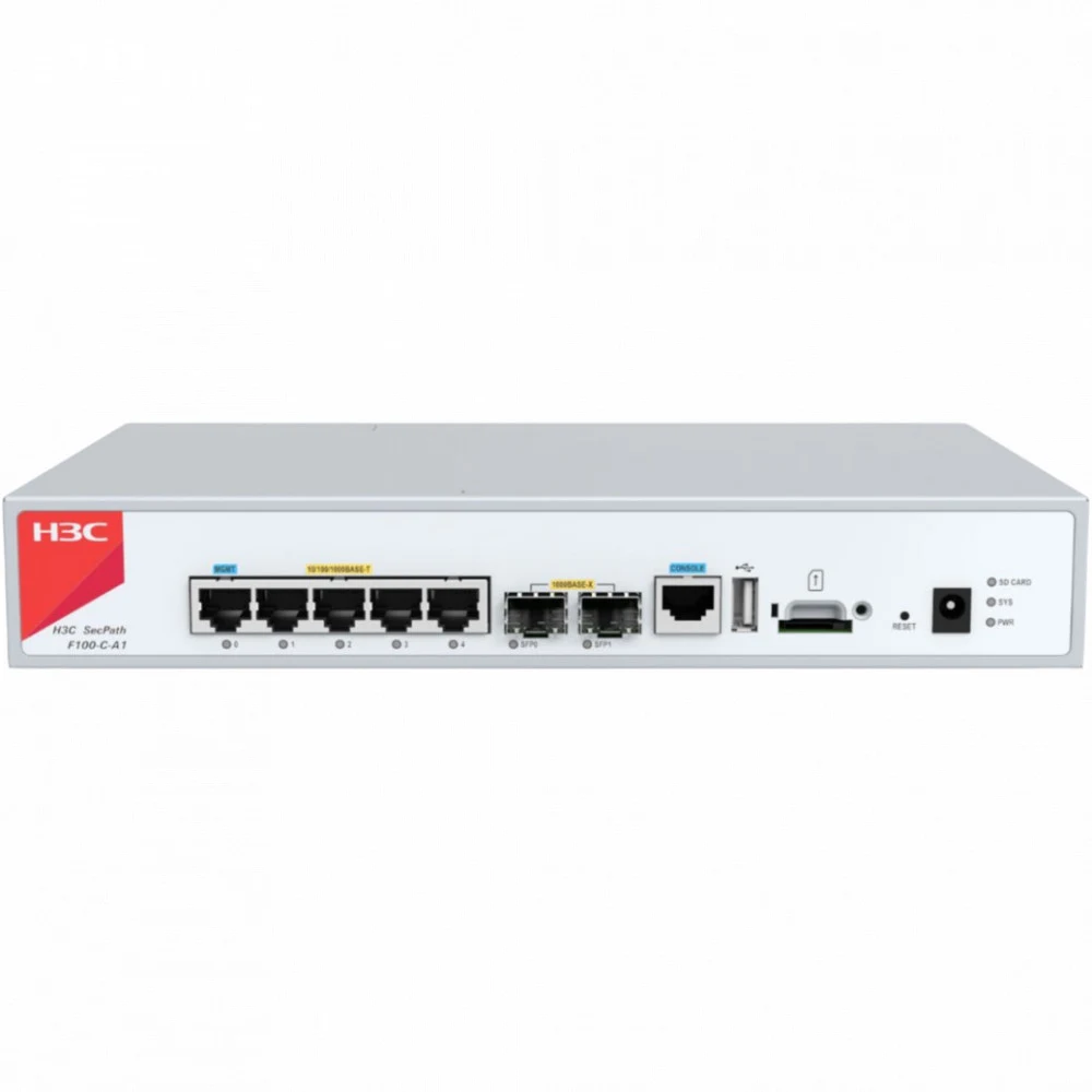 Межсетевой экран, H3C, NS-SecPath F100-C-A1-I, IPS-600Mbps, Threat Protection-500Mbps,Firewall Throughput(1518B)-1.2Gbps, 5 портов GE + 2 порта SFP, VPN (L2TP VPN,IPsec VPN,GRE VPN,SSL VPN)