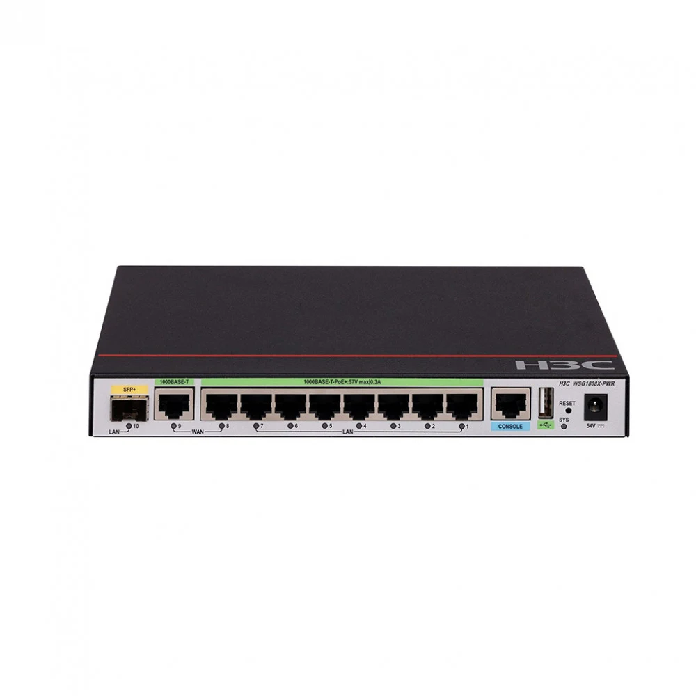Контроллер для беспроводных точек доступа, H3C, EWP-WSG1808X-PWR, WAN 2X1000M, LAN 7X1000M (PoE+), 1XSFP+, AC 100~240 В, '0°C ~ +45°C