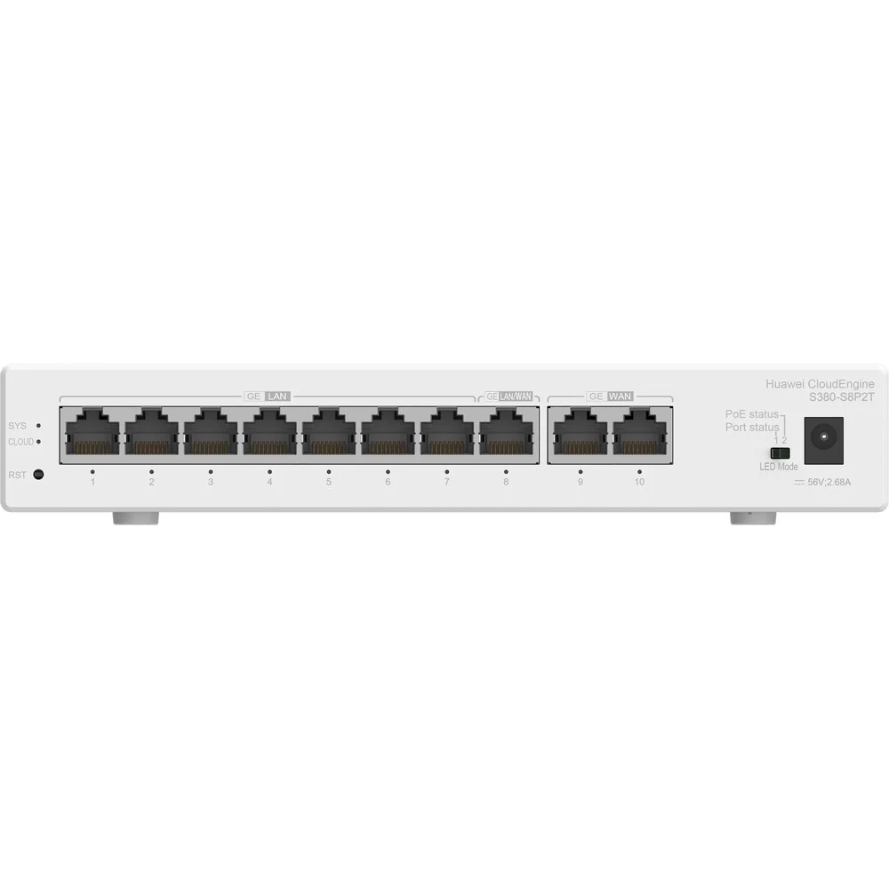 Шлюз мультисервисный Huawei S380-S8P2T (2xGE WAN, 8xGE LAN, PoE+ 124W, 350 users, f.performance 2Gbps, 56V DC)