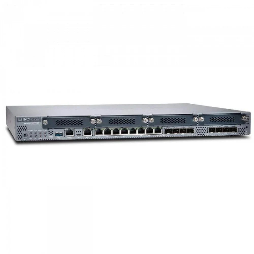 SRX340 Services Gateway includes hardware (16GE, 4x MPIM slots, 4G RAM, 8G Flash, power supply, cable and RMK) and Junos Software Base (Firewall, NAT, IPSec, Routing, MPLS and Switching).