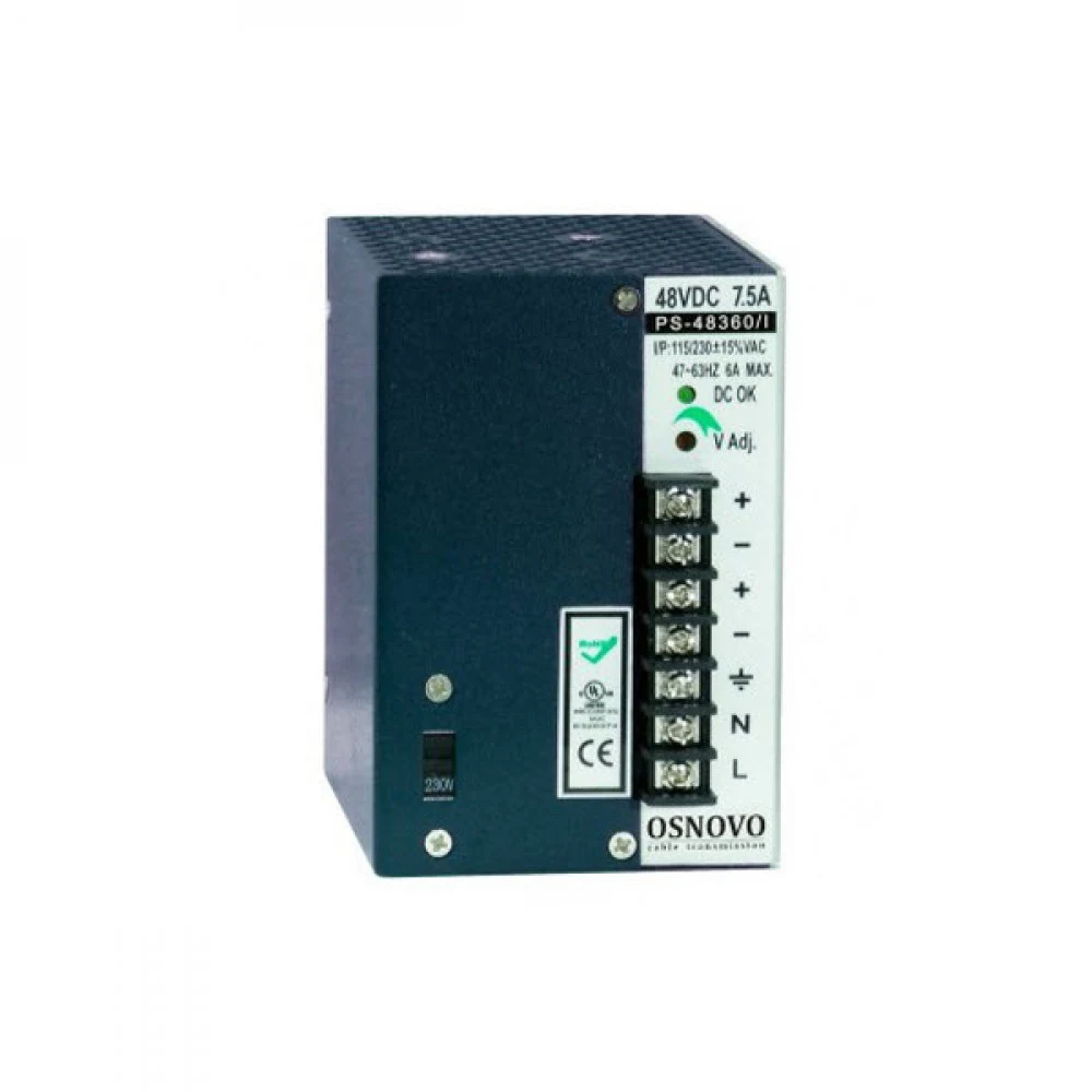 Промышленный блок питания OSNOVO PS-48360/I Промышленный блок питания. DC48V, 7,5A (360W). Диапазон входных напряжений: AC195-265V. КПД: 83%. Регулировка выходного напряжения в диапазоне 44-53V. Защ