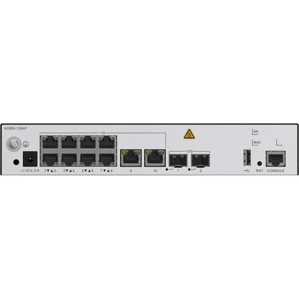 Контроллер точек доступа, Huawei, AC650-128AP, Поддержка до 128 точек доступа, консольный порт RJ-45, порт USB 2.0 Type A, 10 портов 10/100/1000M RJ-45, 2 порта SFP+, FLASH 1GB