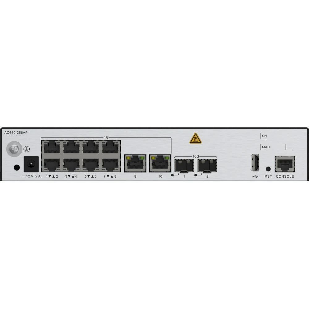 Контроллер точек доступа, Huawei, AC650-256AP, Поддержка до 256 точек доступа, консольный порт RJ-45, порт USB 2.0 Type A, 10 портов 10/100/1000M RJ-45, 2 порта SFP+, FLASH 1GB