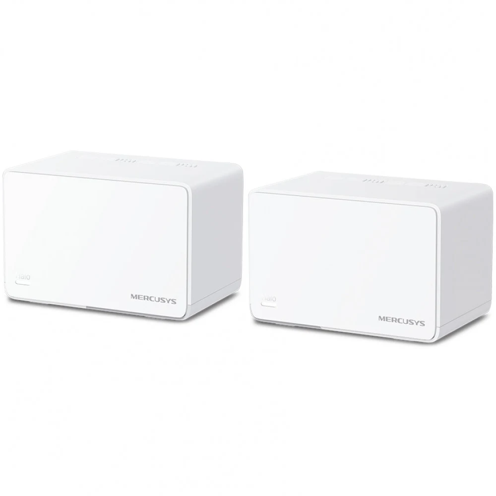AX3000 Whole Home Mesh Wi-Fi 6 SystemSPEED: 574 Mbps at 2.4 GHz + 2402 Mbps at 5 GHzSPEC: Internal Antennas, 3× Gigabit Ports per Unit (WAN/LAN auto-sensing), 1024-QAM, OFDMA, HE160FEATURE: MERCUSYS