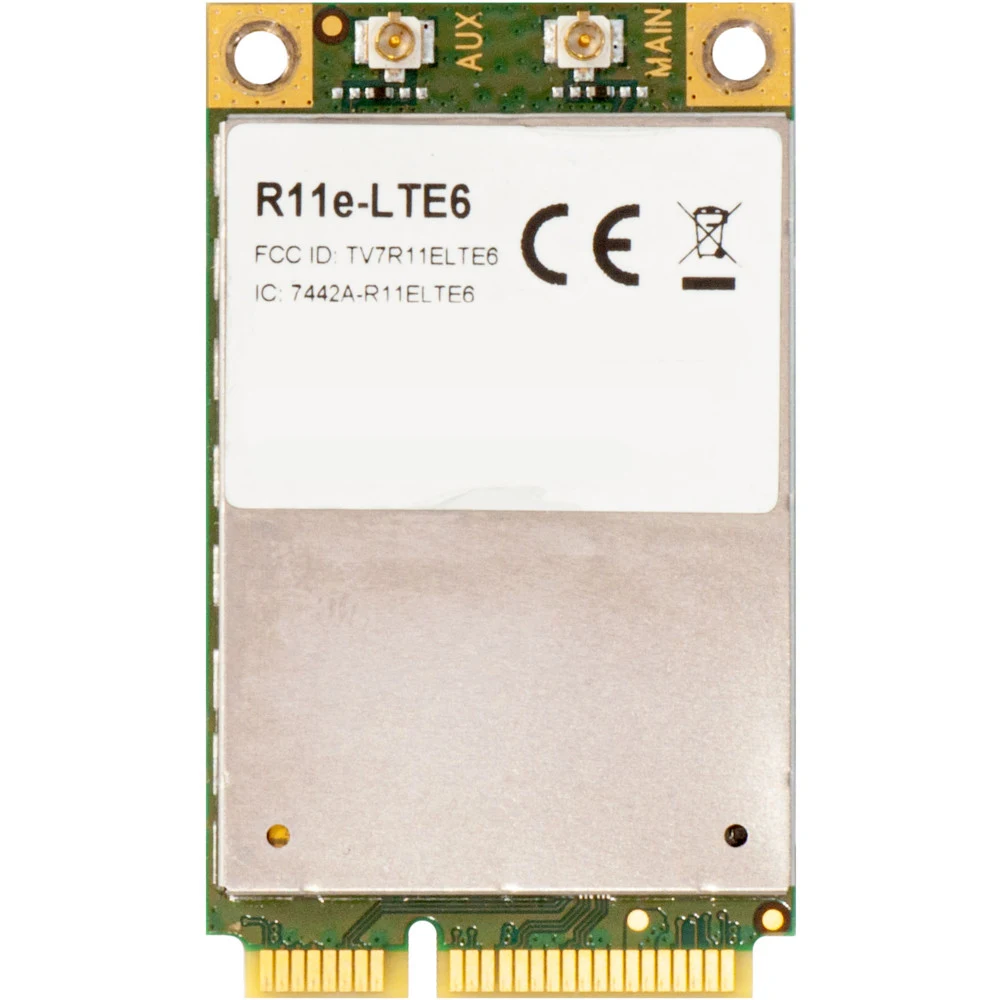 MikroTik 2G/3G/4G/LTE miniPCi-e card with 2 x u.FL connectors for International & United States bands 1/2/3/5/7/8/12/17/20/25/26/38/39/40/41n, CAT6