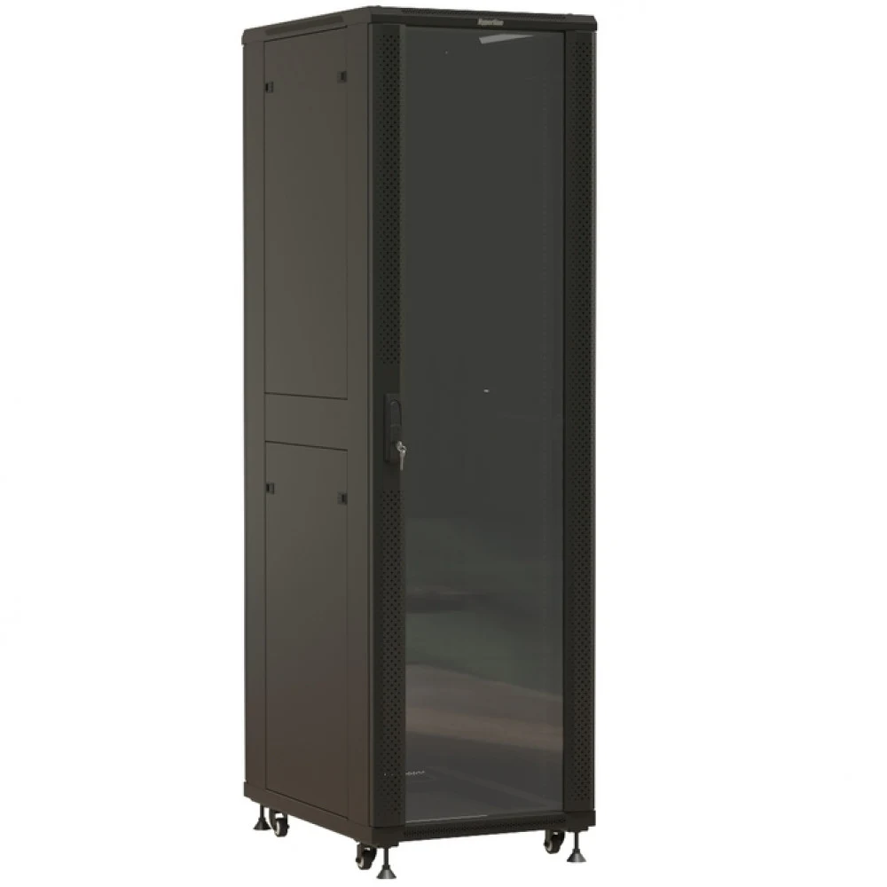 Hyperline TTBR-4261-AS-RAL9004 Шкаф напольный 19-дюймовый, 42U, 2055х600х1000 мм (ВхШхГ), передняя стеклянная дверь со стальными перфорированными боковинами, задняя дверь сплошная, ручка с замком, ц